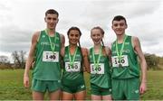 23 March 2019; Mixed relay silver medallists, from left, Fiontann Campbell of St Malachys College, Co.Antrim, Ireland, Ava O'Connor of Scoil Chriost Ri Portloaise, Co.Laois, Ireland, Emma Landers of Pobalscoil Ns Trionoide, Co.Cork, Ireland, and Matthew Lavery of St Malachys College, Co.Antrim, Ireland, during the SIAB Schools Cross Country International at Santry Demense in Santry, Dublin. Photo by Sam Barnes/Sportsfile