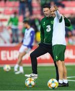 23 March 2019; Republic of Ireland fitness coach Andy Liddle, right, and assistant coach Robbie Keane prior to the UEFA EURO2020 Qualifier Group D match between Gibraltar and Republic of Ireland at Victoria Stadium in Gibraltar. Photo by Stephen McCarthy/Sportsfile