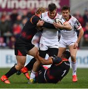 23 March 2019; Louis Ludik of Ulster is tackled by Tertius Kruger, left, and Alulutho Tshakweni of Isuzu Southern Kings during the Guinness PRO14 Round 18 match between Ulster and Isuzu Southern Kings at the Kingspan Stadium in Belfast. Photo by Ramsey Cardy/Sportsfile