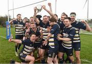 23 March 2019; The victorious Ulster University Coleraine players with the Maughan-Scally Cup after the Maughan-Scally Cup final between Ulster University Coleraine and University College Dublin at the University of Ulster in Coleraine, Derry. The annual Maughan Scally Cup is organized by the Irish Universities’ Rugby Union, which is sponsored by Maxol. Being played for the first time at Ulster University’s Coleraine campus this weekend, the event celebrates participation in student rugby. Photo by Oliver McVeigh/Sportsfile