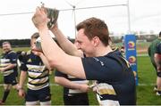 23 March 2019; David Gilkinson of Ulster University Coleraine, celebrates with the Maughan-Scally Cup after the Maughan-Scally Cup final between Ulster University Coleraine and University College Dublin at the University of Ulster in Coleraine, Derry. The annual Maughan Scally Cup is organized by the Irish Universities’ Rugby Union, which is sponsored by Maxol. Being played for the first time at Ulster University’s Coleraine campus this weekend, the event celebrates participation in student rugby. Photo by Oliver McVeigh/Sportsfile