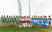 23 March 2019; Junior boys team medallists, Ireland, Bronze, England, Gold, and Scotland, Silver, during the SIAB Schools Cross Country International at Santry Demense in Santry, Dublin. Photo by Sam Barnes/Sportsfile