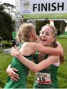 23 March 2019; Sophia Williams of Enniskillen Royal Grammer School, Co.Fermanagh, Ireland, left, and Emmy Thornton of Strathearn School, Co.Antrim, Ireland, after competing in the Junior Girls Event during the SIAB Schools Cross Country International at Santry Demense in Santry, Dublin. Photo by Sam Barnes/Sportsfile