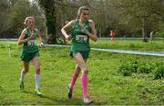 23 March 2019; Joanne Loftus of Gortnor Abbey, Co.Mayo, Ireland, left, and Orla Reidy of Maynooth P.P, Co.Kildare, Ireland, competing in the Intermediate Girls event during the SIAB Schools Cross Country International at Santry Demense in Santry, Dublin. Photo by Sam Barnes/Sportsfile