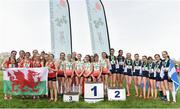 23 March 2019; Junior girls team medallists, from left, Wales, bronze, England gold, and Scotland, silver, during the SIAB Schools Cross Country International at Santry Demense in Santry, Dublin. Photo by Sam Barnes/Sportsfile