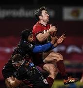 23 March 2019; Darren Sweetnam of Munster wins possession from a Munster restart ahead of Maxime Mbandà of Zebre during the Guinness PRO14 Round 18 match between Munster and Zebre at Thomond Park in Limerick. Photo by Diarmuid Greene/Sportsfile