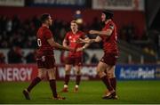 23 March 2019; Tyler Bleyendaal of Munster, right, comes on to replace team-mate JJ Hanrahan during the Guinness PRO14 Round 18 match between Munster and Zebre at Thomond Park in Limerick. Photo by Diarmuid Greene/Sportsfile