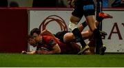 23 March 2019; Darren Sweetnam of Munster scores his side's third try despite the efforts of Giulio Bisegni of Zebre during the Guinness PRO14 Round 18 match between Munster and Zebre at Thomond Park in Limerick. Photo by Diarmuid Greene/Sportsfile