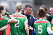 24 March 2019; Mayo manager Peter Leahy speaks to his players before the Lidl Ladies NFL Round 6 match between Mayo and Cork at Elverys MacHale Park in Castlebar, Mayo. Photo by Piaras Ó Mídheach/Sportsfile