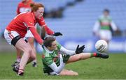 24 March 2019; Clodagh McManamon of Mayo in action against Niamh Cotter of Cork during the Lidl Ladies NFL Round 6 match between Mayo and Cork at Elverys MacHale Park in Castlebar, Mayo. Photo by Piaras Ó Mídheach/Sportsfile