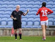 24 March 2019; Referee Gus Chapman talks with Eimear Meaney of Cork before showing her a yellow card during the Lidl Ladies NFL Round 6 match between Mayo and Cork at Elverys MacHale Park in Castlebar, Mayo. Photo by Piaras Ó Mídheach/Sportsfile