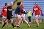 24 March 2019; Cork goalkeeper Martina O’Brien remonstrates with referee Gus Chapman after a first half goal was awarded to Mayo during the Lidl Ladies NFL Round 6 match between Mayo and Cork at Elverys MacHale Park in Castlebar, Mayo. Photo by Piaras Ó Mídheach/Sportsfile