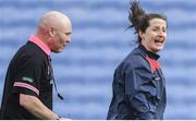 24 March 2019; Cork goalkeeper Martina O’Brien remonstrates with referee Gus Chapman after a first half goal was awarded to Mayo during the Lidl Ladies NFL Round 6 match between Mayo and Cork at Elverys MacHale Park in Castlebar, Mayo. Photo by Piaras Ó Mídheach/Sportsfile