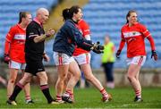 24 March 2019; Cork goalkeeper Martina O’Brien remonstrates with referee Gus Chapman after a first half goal was awarded to Mayo during the Lidl Ladies NFL Round 6 match between Mayo and Cork at Elverys MacHale Park in Castlebar, Mayo. Photo by Piaras Ó Mídheach/Sportsfile