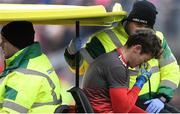 24 March 2019; Mayo goalkeeper David Clarke leaves the field on a medical buggy, after a first half challenge from Darren Hughes of Monaghan, who was shown a yellow card by referee Derek O'Mahoney, during the Allianz Football League Division 1 Round 7 match between Mayo and Monaghan at Elverys MacHale Park in Castlebar, Mayo. Photo by Piaras Ó Mídheach/Sportsfile