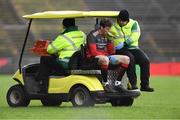 24 March 2019; Mayo goalkeeper David Clarke leaves the field on a medical buggy, after a first half challenge from Darren Hughes of Monaghan, who was shown a yellow card by referee Derek O'Mahoney, during the Allianz Football League Division 1 Round 7 match between Mayo and Monaghan at Elverys MacHale Park in Castlebar, Mayo. Photo by Piaras Ó Mídheach/Sportsfile