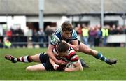 24 March 2019; Richie Dunne of Enniscorthy RFC scores the first try despite the tackle of Michael Duke of Gorey RFC during the Bank of Ireland Provincial Towns Cup Semi-Final match between Enniscorthy RFC and Gorey RFC at Wexford Wanderers RFC in Wexford. Photo by Matt Browne/Sportsfile