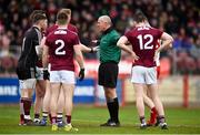 24 March 2019; Galway players remonstrate with referee Cormac Reilly after he awarded a penalty for Tyrone during the Allianz Football League Division 1 Round 7 match between Tyrone and Galway at Healy Park in Omagh. Photo by David Fitzgerald/Sportsfile