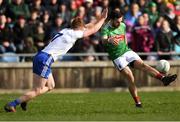 24 March 2019; Kevin McLoughlin of Mayo in action against Kieran Duffy of Monaghan during the Allianz Football League Division 1 Round 7 match between Mayo and Monaghan at Elverys MacHale Park in Castlebar, Mayo. Photo by Piaras Ó Mídheach/Sportsfile
