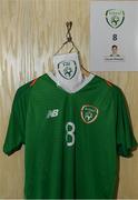 24 March 2019; A general view of Jayson Molumby's jersey hanging in the Republic of Ireland dressing room ahead of the UEFA European U21 Championship Qualifier Group 1 match between Republic of Ireland and Luxembourg in Tallaght Stadium in Dublin. Photo by Eóin Noonan/Sportsfile