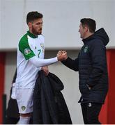 23 March 2019; Matt Doherty of Republic of Ireland shakes hands with assistant coach Robbie Keane after being substituted during the UEFA EURO2020 Qualifier Group D match between Gibraltar and Republic of Ireland at Victoria Stadium in Gibraltar. Photo by Seb Daly/Sportsfile