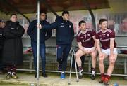 24 March 2019; Injured Galway player Damien Comer, third from right, and substitutes watch on during the Allianz Football League Division 1 Round 7 match between Tyrone and Galway at Healy Park in Omagh. Photo by David Fitzgerald/Sportsfile