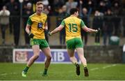 24 March 2019; Jamie Brennan of Donegal, right, celebrates after scoring his sides goal with Oisin Gallen during the Allianz Football League Division 2 Round 7 match between Donegal and Kildare at Fr. Tierney Park in Ballyshannon, Donegal. Photo by Oliver McVeigh/Sportsfile