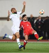 23 March 2019; Jospeh Chipolina of Gibraltar and David McGoldrick of Republic of Ireland during the UEFA EURO2020 Qualifier Group D match between Gibraltar and Republic of Ireland at Victoria Stadium in Gibraltar. Photo by Stephen McCarthy/Sportsfile