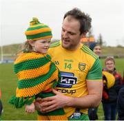 24 March 2019; A happy Michael Murphy of Donegal with Donegal supporter Cassy Rose Melly, aged four, from Dungloe, Co. Donegal after the Allianz Football League Division 2 Round 7 match between Donegal and Kildare at Fr. Tierney Park in Ballyshannon, Donegal. Photo by Oliver McVeigh/Sportsfile