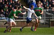 24 March 2019; Jack McCarron of Monaghan in action against Mayo players, from left, Stephen Coen, Matthew Ruane, and Aidan O’Shea during the Allianz Football League Division 1 Round 7 match between Mayo and Monaghan at Elverys MacHale Park in Castlebar, Mayo. Photo by Piaras Ó Mídheach/Sportsfile