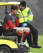 24 March 2019; Mayo goalkeeper David Clarke leaves the field on a medical buggy, after a first half challenge from Darren Hughes of Monaghan, who was shown a yellow card by referee Derek O'Mahoney, during the Allianz Football League Division 1 Round 7 match between Mayo and Monaghan at Elverys MacHale Park in Castlebar, Mayo. Photo by Piaras Ó Mídheach/Sportsfile