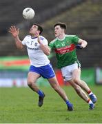 24 March 2019; Drew Wylie of Monaghan in action against Fergal Boland of Mayo during the Allianz Football League Division 1 Round 7 match between Mayo and Monaghan at Elverys MacHale Park in Castlebar, Mayo. Photo by Piaras Ó Mídheach/Sportsfile