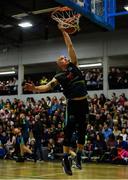 24 March 2019; Kieran Donaghy of Garvey's Tralee Warriors scores a slam dunk in the warm-up prior to the Basketball Ireland Men's Superleague match between Garvey's Warriors Tralee and UCD Marian in the Tralee Sports Complex in Tralee, Co. Kerry. Photo by Diarmuid Greene/Sportsfile