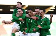 24 March 2019; Adam Idah of Republic of Ireland, centre, celebrates with team-mates after scoring his side's first goal during the UEFA European U21 Championship Qualifier Group 1 match between Republic of Ireland and Luxembourg in Tallaght Stadium in Dublin. Photo by Eóin Noonan/Sportsfile