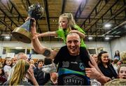 24 March 2019; Kieran Donaghy of Garvey's Tralee Warriors celebrates with his 3-year-old daughter Lola Rose after the Basketball Ireland Men's Superleague match between Garvey's Warriors Tralee and UCD Marian in the Tralee Sports Complex in Tralee, Co. Kerry. Photo by Diarmuid Greene/Sportsfile