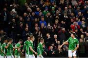 24 March 2019; Jonny Evans of Northern Ireland celebrates with team-mates after scoring his side's first goal of the game during the UEFA EURO2020 Qualifier Group C match between Northern Ireland and Belarus at the National Football Stadium in Windsor Park, Belfast. Photo by Ramsey Cardy/Sportsfile