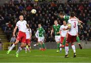 24 March 2019; Jonny Evans of Northern Ireland heads his side's first goal during the UEFA EURO2020 Qualifier Group C match between Northern Ireland and Belarus at the National Football Stadium in Windsor Park, Belfast. Photo by Ramsey Cardy/Sportsfile