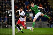 24 March 2019; George Saville of Northern Ireland has his shot on goal saved by Andrey Klimovich of Belarus during the UEFA EURO2020 Qualifier Group C match between Northern Ireland and Belarus at the National Football Stadium in Windsor Park, Belfast. Photo by Ramsey Cardy/Sportsfile