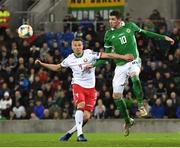 24 March 2019; Igor Shitov of Belarus in action against Kyle Lafferty of Northern Ireland during the UEFA EURO2020 Qualifier Group C match between Northern Ireland and Belarus at the National Football Stadium in Windsor Park, Belfast. Photo by Ramsey Cardy/Sportsfile