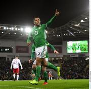 24 March 2019; Josh Magennis of Northern Ireland celebrates after scoring his side's second goal during the UEFA EURO2020 Qualifier Group C match between Northern Ireland and Belarus at the National Football Stadium in Windsor Park, Belfast. Photo by Ramsey Cardy/Sportsfile