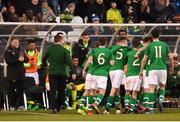 24 March 2019; Republic of Ireland players and management celebrate after their side's third goal, scored by Adam Idah, during the UEFA European U21 Championship Qualifier Group 1 match between Republic of Ireland and Luxembourg in Tallaght Stadium in Dublin. Photo by Ben McShane/Sportsfile