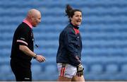 24 March 2019; Cork goalkeeper Martina O’Brien remonstrates with referee Gus Chapman after a first half goal was awarded to Mayo during the Lidl Ladies NFL Round 6 match between Mayo and Cork at Elverys MacHale Park in Castlebar, Mayo. Photo by Piaras Ó Mídheach/Sportsfile