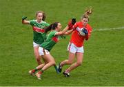 24 March 2019; Maire O'Callaghan of Cork in action against Niamh Kelly, centre, and Sinéad Cafferky of Mayo during the Lidl Ladies NFL Round 6 match between Mayo and Cork at Elverys MacHale Park in Castlebar, Mayo. Photo by Piaras Ó Mídheach/Sportsfile