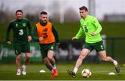 25 March 2019; Seamus Coleman in action against Jack Byrne, watched closely by assistant coach Robbie Keane, during Republic of Ireland Squad Training at FAI NTC, Abbotstown, Dublin. Photo by Stephen McCarthy/Sportsfile