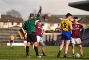 16 March 2019; Referee Conor Lane shows Conor Daly of Roscommon a yellow card during the Allianz Football League Division 1 Round 6 match between Galway and Roscommon at Pearse Stadium in Salthill, Galway.  Photo by Sam Barnes/Sportsfile