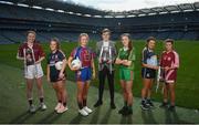 26 March 2019; 26 March 2019; In attendance is Lidl representative Jay Wilson, centre, with junior finalists, from left, Bríd Nic An Fhailí of Coláiste Oiriall, Aoife Dalton of Moate CS Westmeath, Megan Flaherty of Coláiste Bhaile Chláír, Lucy McAlary of St Catherine's Armagh, Leah Baskin of Cashel Community School and Lisa Kelly of FCJ Bunclody at the Lidl All Ireland Post Primary Schools Finals launch today at Croke Park, Dublin. The finals will be contested at Senior and Junior levels, with three finals in each grade. The 2019 Lidl PPS Senior A Final between Loreto, Clonmel, and Scoil Chríost Rí, Portlaoise, will be streamed LIVE from John Locke Park in Callan, Co. Kilkenny, on Saturday March 30, and can be viewed on the LGFA’s Facebook Page: https://www.facebook.com/LadiesGaelicFootball/  Photo by David Fitzgerald/Sportsfile