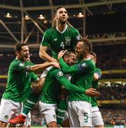 26 March 2019; Conor Hourihane of Republic of Ireland celebrates after scoring his side's first goal with team-mates, from left, Robbie Brady, Shane Duffy and Richard Keogh during the UEFA EURO2020 Group D qualifying match between Republic of Ireland and Georgia at the Aviva Stadium, Lansdowne Road, in Dublin. Photo by Stephen McCarthy/Sportsfile