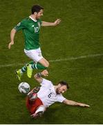 26 March 2019; Robbie Brady of Republic of Ireland in action against Nika Kvekveskiri of Georgia during the UEFA EURO2020 Group D qualifying match between Republic of Ireland and Georgia at the Aviva Stadium, Lansdowne Road, in Dublin. Photo by Eóin Noonan/Sportsfile