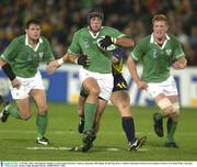 11 October 2003; Alan Quinlan, Ireland, in action against Petriscor Toderasc, Romania. 2003 Rugby World Cup, Pool A, Ireland v Romania, Central Coast Stadium, Gosford, New South Wales, Australia. Picture credit; Brendan Moran / SPORTSFILE *EDI*