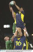 11 October 2003; Malcolm O'Kelly, Ireland, is beaten in the lineout by Marian Tudori, Romania. 2003 Rugby World Cup, Pool A, Ireland v Romania, Central Coast Stadium, Gosford, New South Wales, Australia. Picture credit; Brendan Moran / SPORTSFILE *EDI*